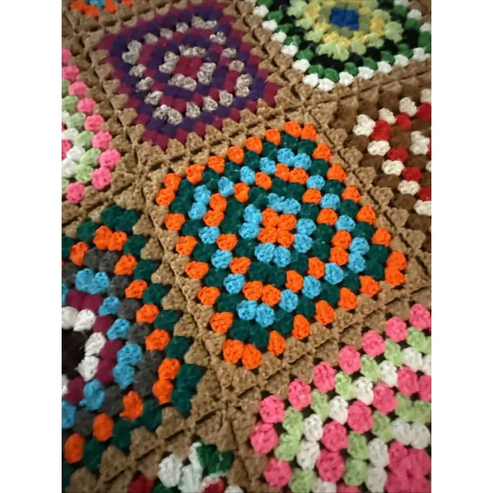 Crochet Granny square afghan blanket vintage 59” By 43” Colorful Couch Cover